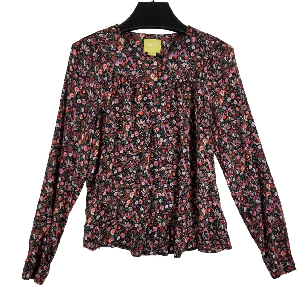 Maeve Floral Blouse Womens Medium Black Multicolor Rayon Button Front Top